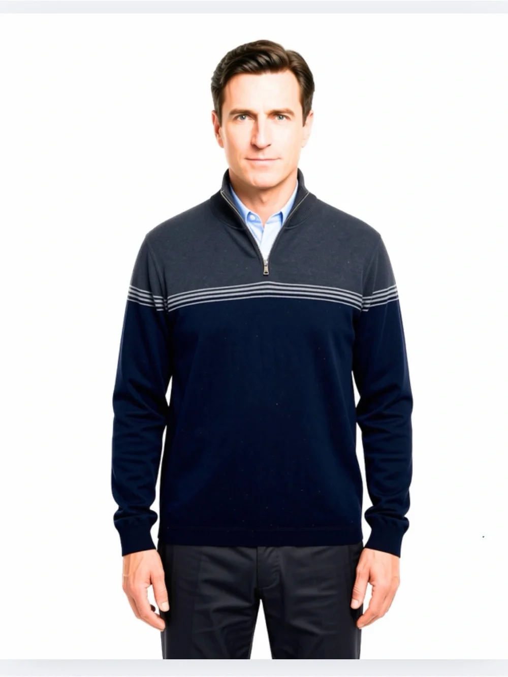 Men's Navy Quarter-Zip Sweater with Contrast Yoke